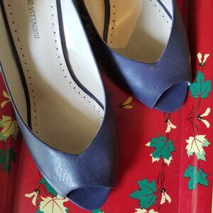 Adrienne Vittadini Blue Leather Peep Toe Wedge Heels, size 8.5M